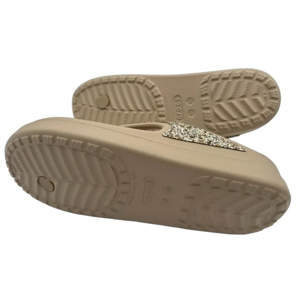 Crocs Capri Glitter Flip Flops Women's Size 10 W Tan Gold Sparkle Wedge Sandals